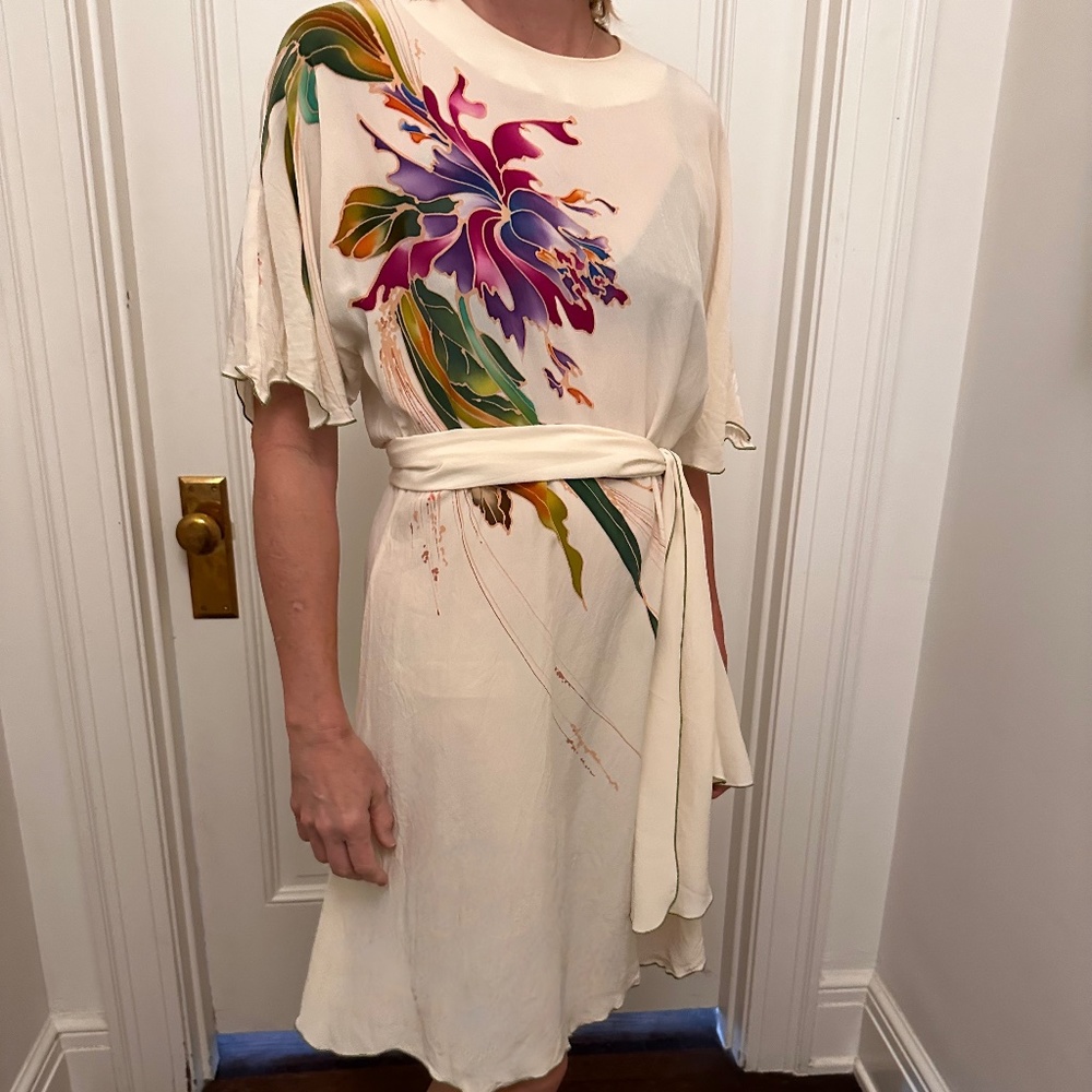 Vintage 80's Pue Silk, Yolanda Lorente floral hand painted dress